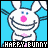 Pixelated cartoon bunny with pink nose and chest flower, arms raised against blue background, text 'HAPPY BUNNY' at bottom.
