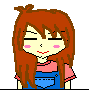 Pixel art of a character with long brown hair, pink cheeks, and blue overalls; left image shows closed eyes, right adds black lines and a cyan droplet on the face.