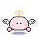 Pixel art of a pink spherical character with black eyes, white wings, and golden halo floating above a gray background.