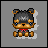 Pixelated dog icon with black and tan fur, blue eyes, red bow tie, and white shadow on gray background; animation shows head movement from left to right.