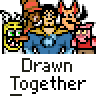 Animated contact sheet of a pixel art buddy icon featuring characters from Drawn Together with changing text and character positions across frames.