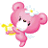 Pink pixelated bear with closed eyes, white flower on head, yellow harp in left hand, and small wings against white background.