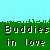 Pixelated animation of two figures on grass with text 'Buddies in love' and changing symbols above them.