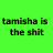 Green background with pixelated black text reading 'tamisha is the shit' in two lines.