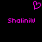 A static pixel art image with a black background, featuring two identical pink text labels and one pink heart symbol above them.