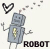Two pixelated robot figures with gray bodies and yellow chest , each labeled 'ROBOT' below, one with a black heart above and the other with a yellow banana-shaped heart
