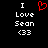 Static pixel art displays 'I Love Sean <33' text with a red heart symbol replacing the word 'Love', all on black background.