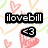 A digital icon with repeating heart patterns and a central 'ilovebill' text banner, featuring a small black-and-white '43' symbol over a pink heart shape.