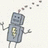 Pixelated gray robot with yellow chest symbol, raised arms, and small antenna emitting pixel trails against light background.
