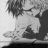 Pixelated grayscale image of a figure with dark hair holding an object, standing against a light background with abstract shapes.