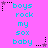 A static image with a bright pink background displays repeated text in cyan letters: 'boys rock my sox baby', arranged in and , each preceded by a small star symbol