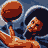 Pixelated image of a basketball player in mid-air shooting, with large stylized text and abstract shapes on blue background.