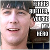 Static image of a person with dark hair and blue eyes, smiling, with bold text overlay reading 'FERRIS BUELLER, YOU'RE MY HERO' on the right side.