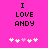 Pixelated text 'I LOVE ANDY' on bright pink background with five white and light pink heart symbols below.