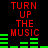 Red text 'TURN UP THE MUSIC' repeated twice on black background with green audio equalizer bars in two