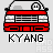 Pixel art car icon with red body, gray grille, white headlights, and two circular eyes on roof; text "KYANG" below.