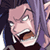 Pixelated static image of a character with pink skin, purple hair, and an exaggerated open-mouthed expression showing teeth and tongue.