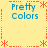 A static pixel art image with four identical 'Pretty Colors' text blocks arranged in a on a pale yellow background, bordered by orange dotted lines and asterisk-like corner decorations