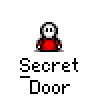 Animated contact sheet of a pixel art character in red clothing with white face, transitioning through various door states from closed to open and back on gray background.