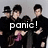Animated sequence of figures in black clothing with pink accents, displaying repeated 'panic!' text overlays