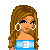 Pixel art contact sheet showing multiple frames of a female character with long brown hair, blue top, white skirt, and accessories in various poses and close-ups.