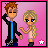 Pixel art contact sheet showing 8 frames of an animated icon with two cartoon characters against a pink background, featuring pose changes and text variations.