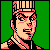 Pixelated 50x50 static icon of a character with striped headwear, pinkish skin tones, and black outlines against a solid green background.