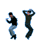 Four of a pixelated figure in dark top and light pants performing dynamic dance poses against gray background