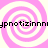 Pixelated pink and white spiral pattern with repeated text overlay, static image.