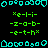 Pixelated cyan and green icons on black background with repeated text patterns, some elements shift slightly between frames.