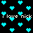 Pixelated cyan hearts float over black background with repeated text 'i love nick' in white pixel font.