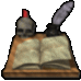 Animated sequence of a skull, quill, and open book on a wooden desk with pages flipping through multiple states.