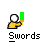 Pixelated figure in yellow shirt holds green sword with white tip, text 'Swords' below; four variations show different sword angles and color transitions.