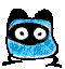 Two pixelated cartoon characters with blue patterned bodies, black ears and limbs, white eyes with black pupils on a gray background.