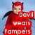 A pixelated figure in red devil costume with black wings and horns stands against light blue background, text overlays change from red to black.