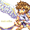 Pixel art character with brown curly hair, blue eyes, and a white-and-purple outfit holding a glowing purple-yellow weapon against gray background.