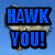 Blue text 'HAWK YOU!' on a black background with pixelated edges, next to two views of a flying hawk against blue sky.
