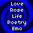 Four identical blue spiral patterns with white text reading Love, Rose, Life, Poetry, Emo arranged in vertical on a dark blue background