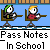 Pixel art animation of students at desks passing notes in a classroom, with text "Pass Notes In School" below each frame.