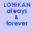 Blue text on light blue background reads "LOHiKAN always & forever" with yellow hearts appearing in the bottom-right corner of each frame.