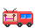 Red pixel-art bus with blue windows, black wheels, and antennae; pink Japanese text above varies across frames.