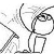 Pixelated black-and-white cartoon character with circular head, large eyes, and simple limbs in two sequential poses showing arm movement.