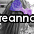 A grayscale image of a person with long hair and a head covering, overlaid with large white text reading "reannceann" and a purple graphic element on the left side.