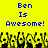 Yellow background with blue pixelated text reading "Ben Is Awesome!" repeated twice above a of black-and-yellow pixelated figures raising their hands