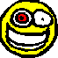 Two side-by-side pixelated yellow smiley faces with red eyes and black outlines, each displaying a wide grin with visible teeth.