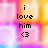 Pixelated text reads 'i love him <3' over a gradient background of pink, purple, yellow, and white hues.