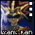 A pixelated character with golden hair and a blue background, displaying 'Yami: Fan' text at the bottom.