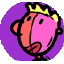 Animated pink cartoon character with yellow crown and green headphones on purple background, head turning left to right across frames.