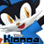 Pixelated cartoon character with black hair, white face, orange eyes, red mouth, blue shirt; text 'Hionos' below in blocky font.