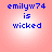 Four identical pixelated text displays on a pink gradient background, each showing 'emilyw74 is wicked' in blue block letters.